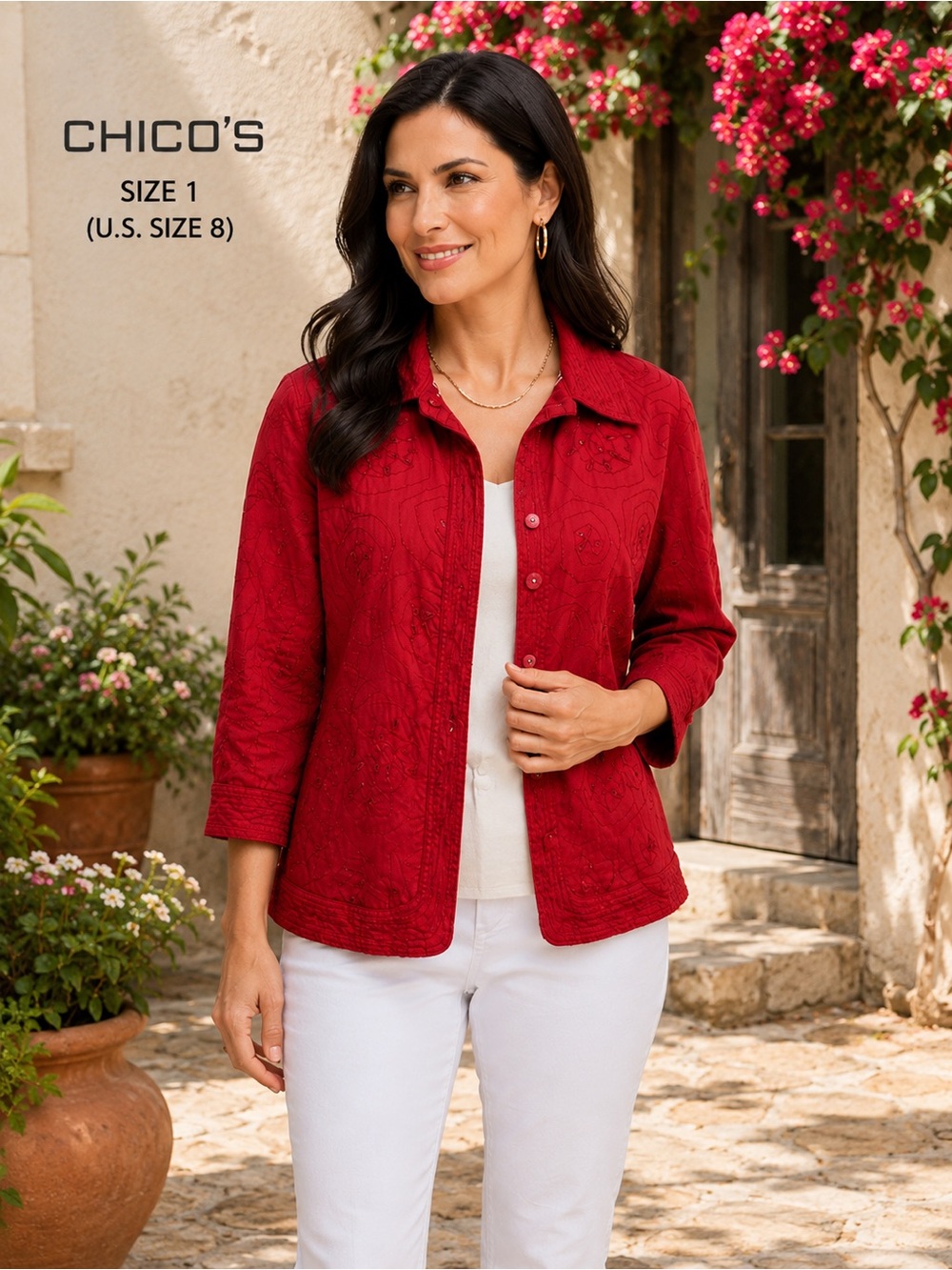 Chico’s Size 1 US Size 8/10 Red Embroidered Textured Cotton Blend Shirt Jacket
